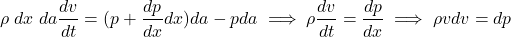 \begin{equation*}\rho \; dx \; da \frac{dv}{dt} = (p+\frac{dp}{dx}dx)da - pda \implies \rho \frac{dv}{dt} = \frac{dp}{dx} \implies \rho v dv = dp \end{equation*}