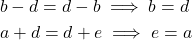 \begin{align*}&b-d = d-b \implies b = d\\&a+d = d + e \implies e = a\end{align*}