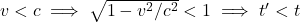 v<c \implies \sqrt{1-v^2/c^2} < 1 \implies t' < t