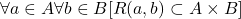 \displaystyle  \begin{array}{rcl}  \forall a\in A \forall b\in B [ R(a,b) \subset A \times B] \end{array}